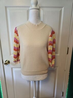THML Cream Rib Knit Sweater Colorful Puff Sleeve Top XS